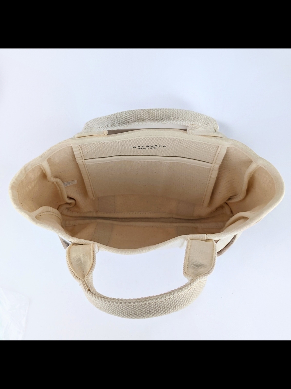 Tory Burch Ivory Canvas Mini Tote with Logo - Picture 2 of 5